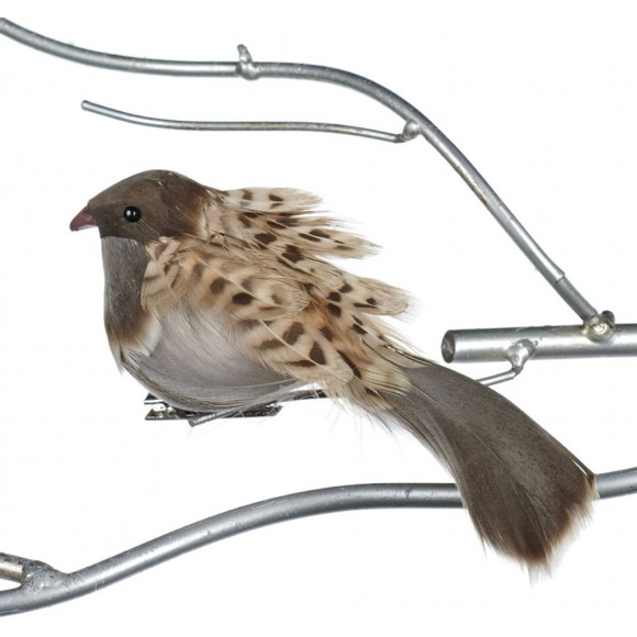 Vogel met veren op clip bruin 15 cm