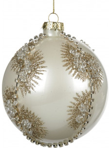 Glazen kerstbal met juwelen wit/champagne 10 cm